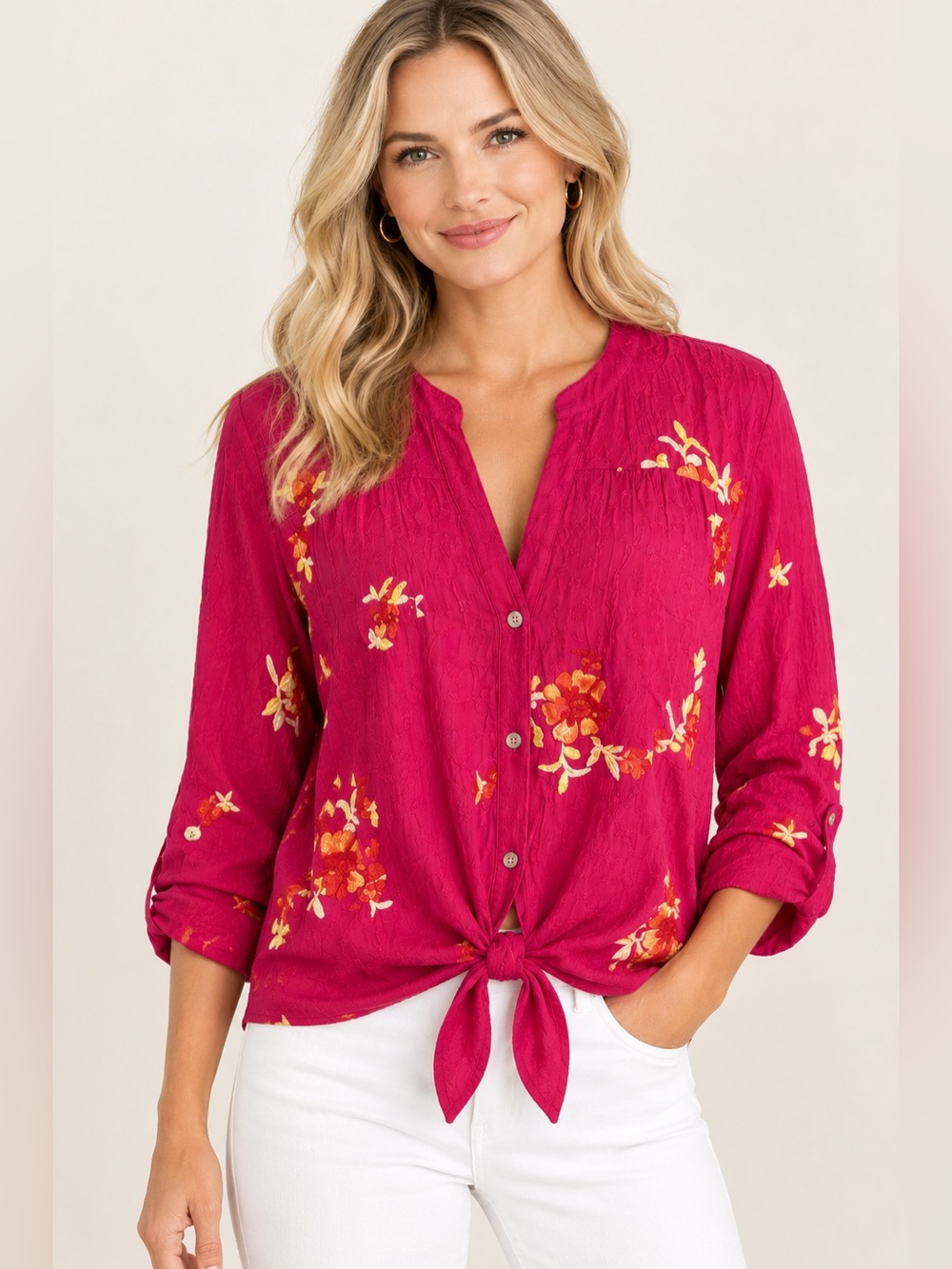 Anthropologie Fig & Flower Pink Floral Embroidered Surplice Neck Blouse